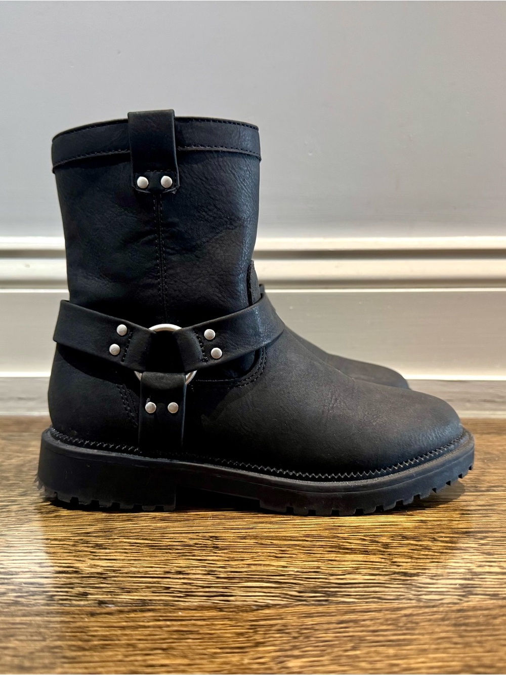 Kids Black Leather Harness Boots
